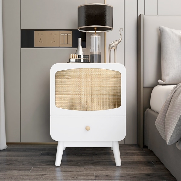 White Nightstand, Bedside Table with Storage Drawe Rattan Door