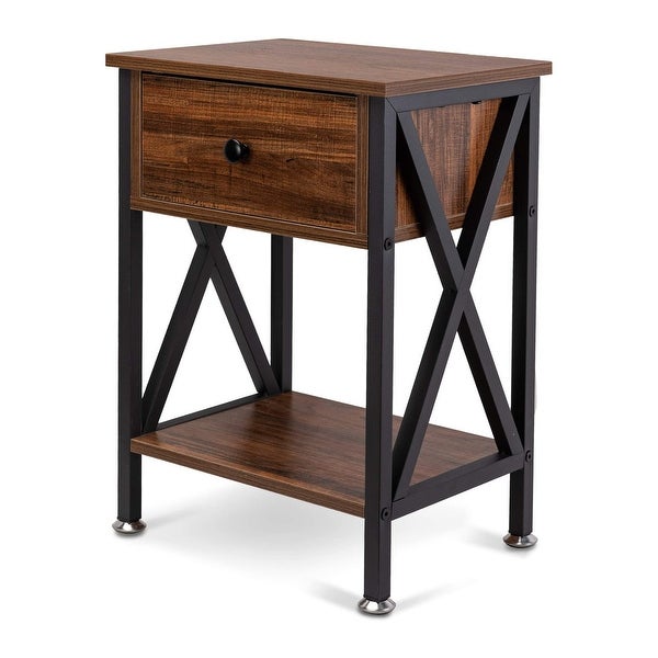 Nightstand with Drawer and Open Storage Shelves, Bedside End Table for Bedroom Living Room