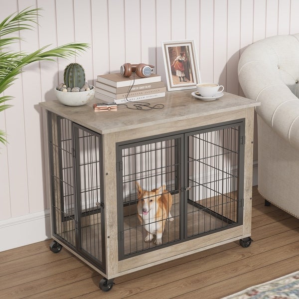 Industrial Wooden Iron Dog Crate, Dog Kennels with 3 Doors and Wheels, Pet Crate Side End Table for Medium and Small Dog