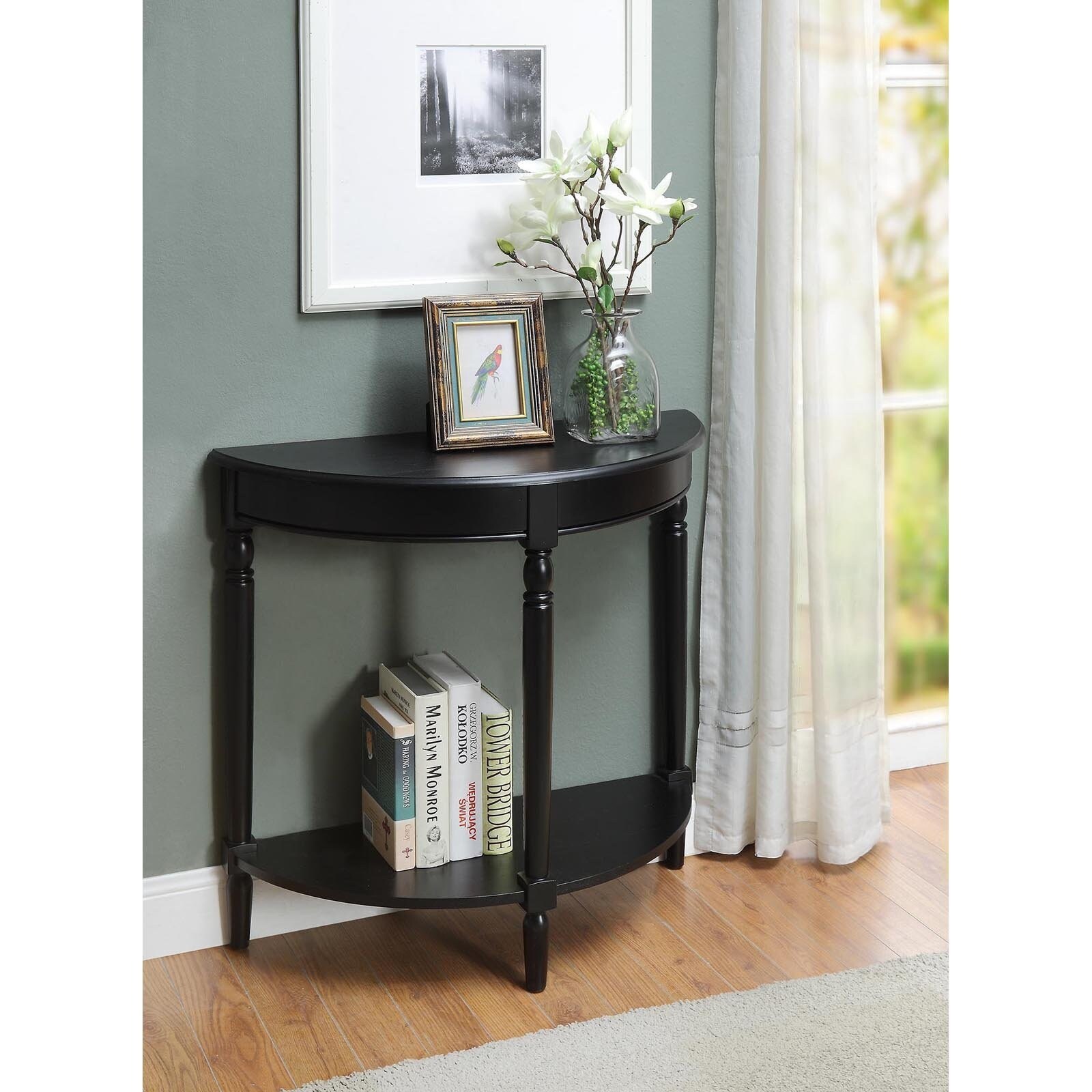 French Country Half-Round Entryway Table with Shelf, Black