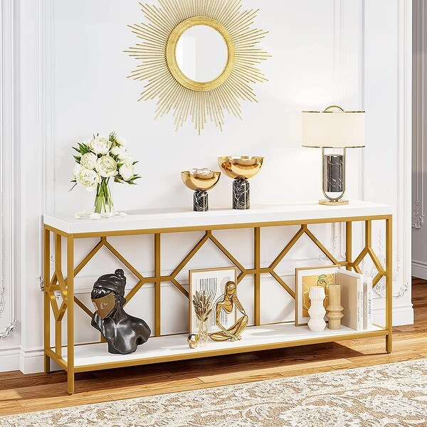 71 Inch Extra Long Console Table, Industrial Narrow Sofa Table Entry Table Behind Couch Table with Open Storage Shelf
