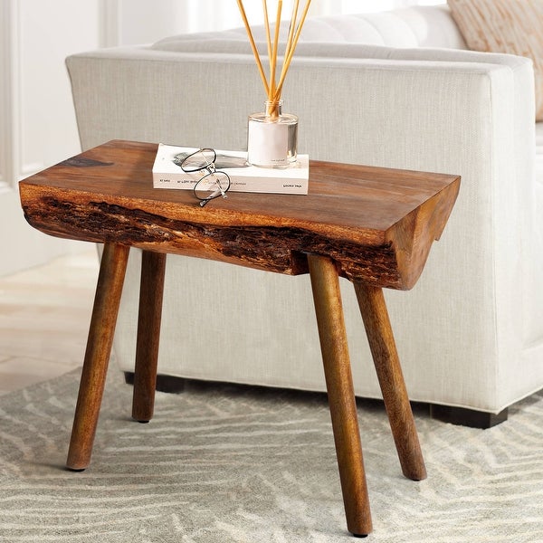 18 Inch Rectangular Mango Wood Accent Side Table with Live Edge Log Top, Warm Brown