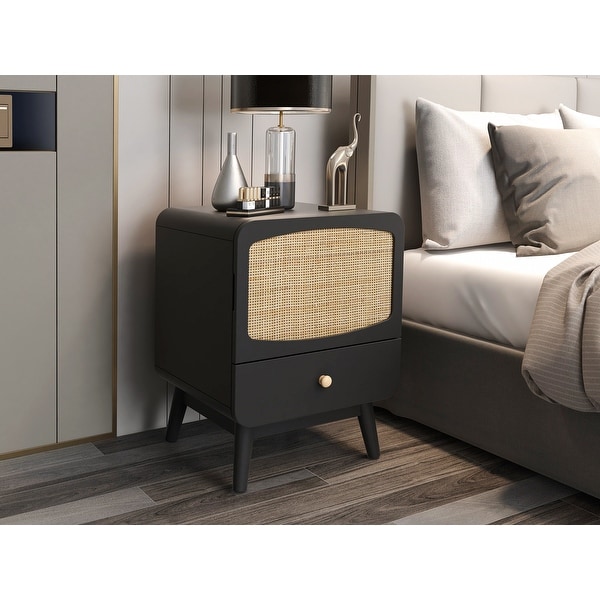 Black Nightstand, Bedside Table with Storage Drawe Rattan Door