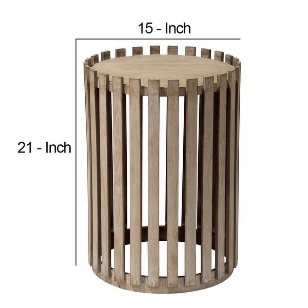 Side Table with Slatted Design Drum Silhouette, Washed brown