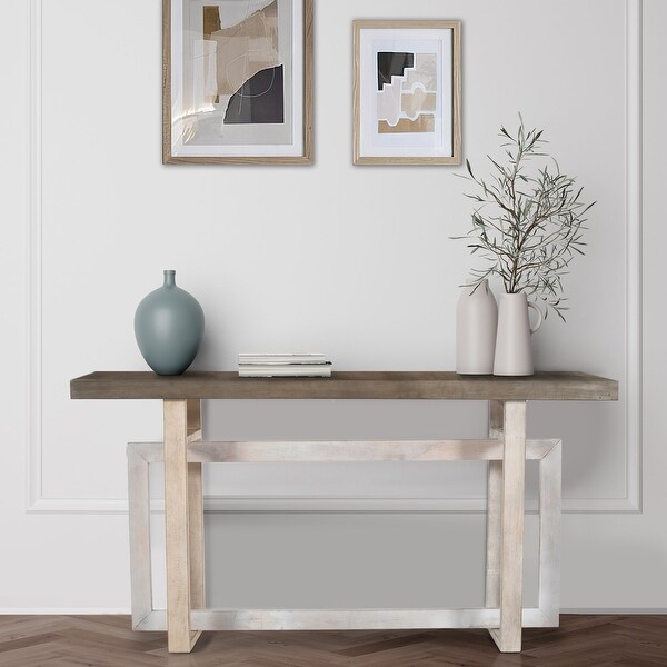 59 Inch Artisan Crafted Farmhouse Console Table with Geometric Interlocked Base, Rustic Light Brown