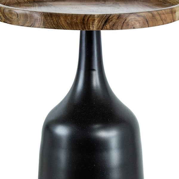 20, 17 Inch Side Table, Acacia Wood, Flared Pedestal Base, Aluminum, Black - 36.5 H x 30 W x 21 L