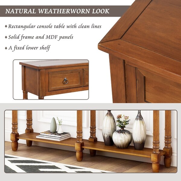 Rectangular Console Table Sofa Table with Drawers and Long Shelf, Walnut