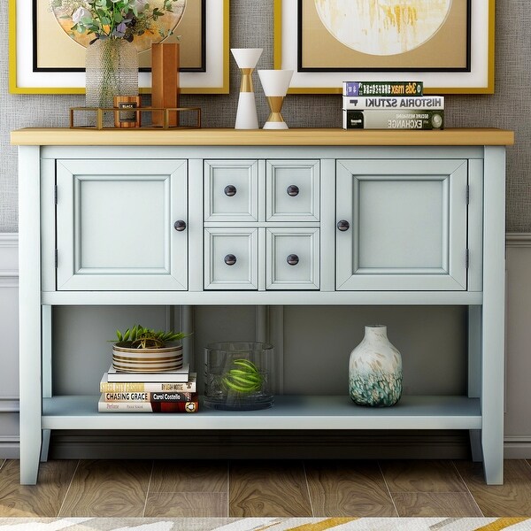 Wooden Console Table with 4 Storage Drawers and 2 Cabinets, Sofa Table with Bottom Shelf and Solid Wood Legs, Lime White