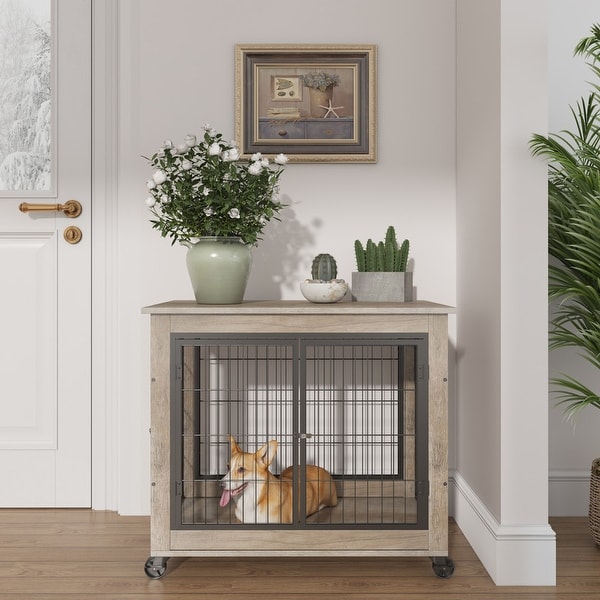 Industrial Wooden Iron Dog Crate, Dog Kennels with 3 Doors and Wheels, Pet Crate Side End Table for Medium and Small Dog
