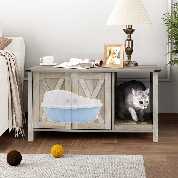 Cat Litter Box Enclosure, Hidden Wood Cat Washroom Furniture with Scratching Post - 33.6