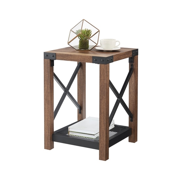 Farmhouse Wood Side Table, Nightstand with Mesh Shelf