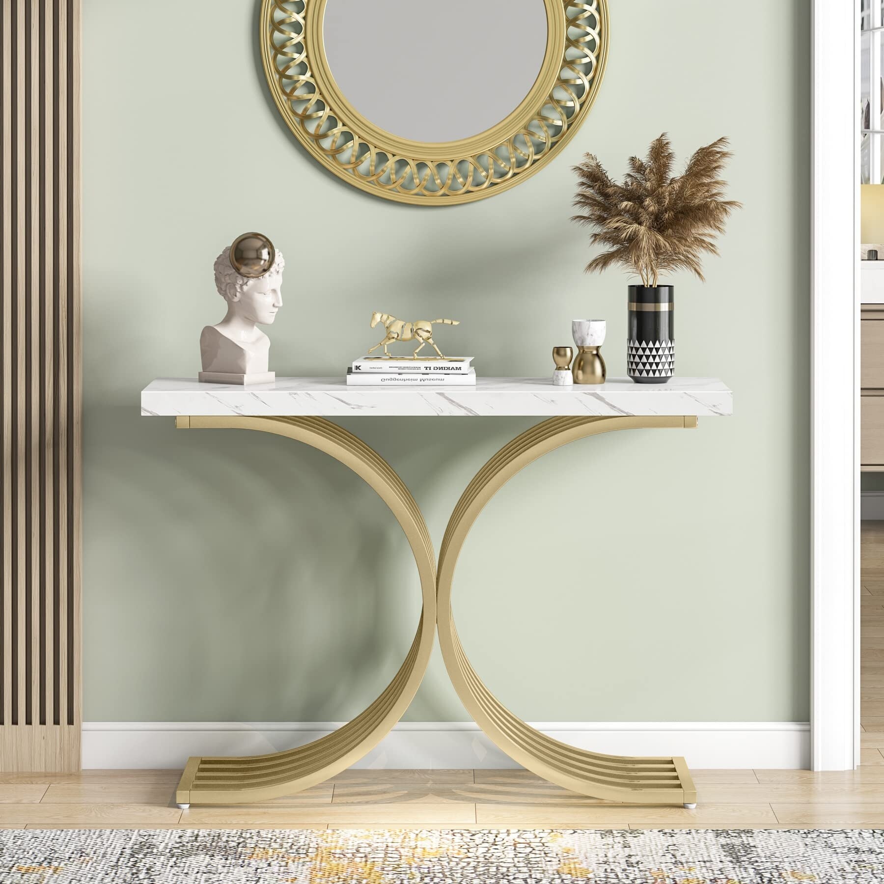 X-Base Gold Console Table, Narrow Sofa Accent Table with Marble Top for entrance, Hallway - 43'' L x 11.8'' D x 32”H