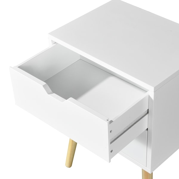 Side Table with 2 Drawer and Rubber Wood Legs, Mid-Century Modern Storage Cabinet for Bedroom Living Room
