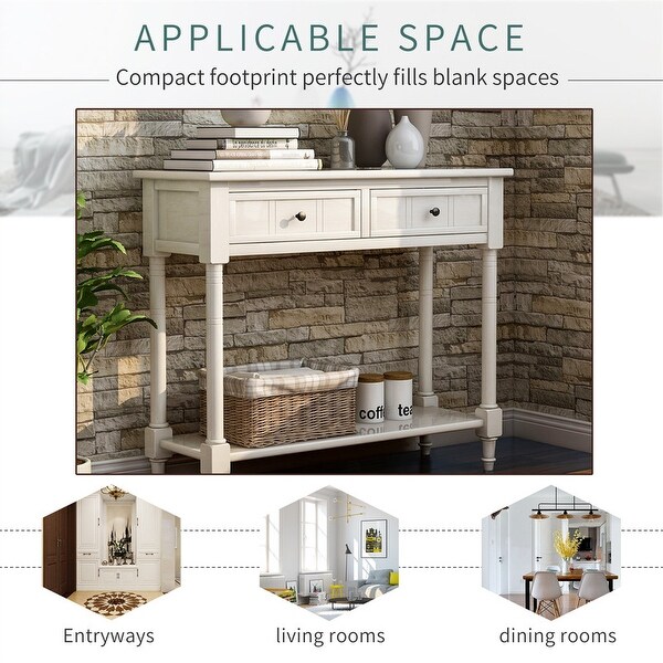 Vintage Console Table w/2 Drawers and Shelf,Pine Wood Frame(Ivory White)