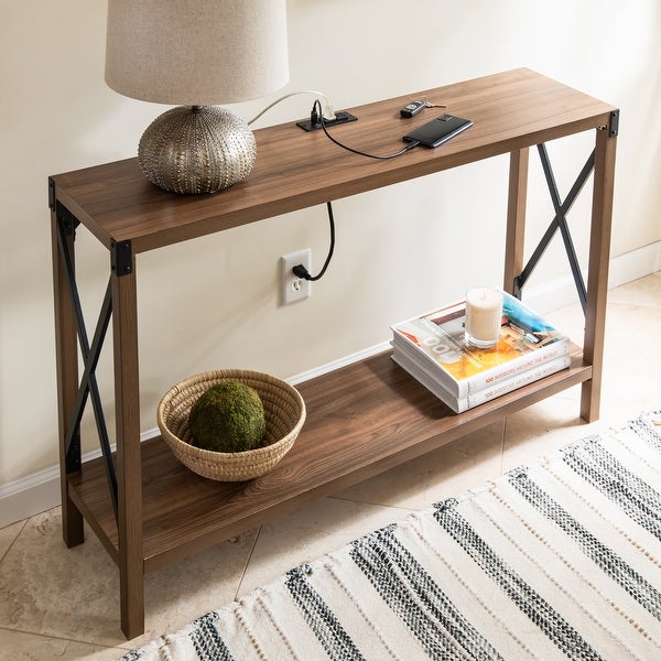 Industrial Rectangular Wood Console Table with AC Power and USB Charging Ports, Walnut