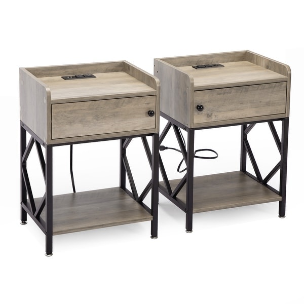 Farmhouse Wood Nightstand with Charging Station, USB Ports, and Shelf, Adjustable Foot Pads Set of 2