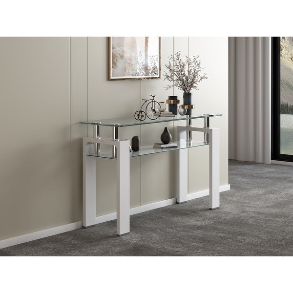 Tempered Glass Top Rectangular Double-Layer Console Table with MDF Legs, For Living Room, Foyer Console Table