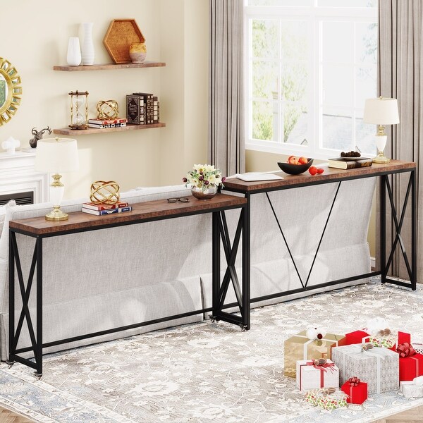 Industrial Sofa Table Set of 2, Narrow Long Sofa Console Tables with Wheels for Entryway