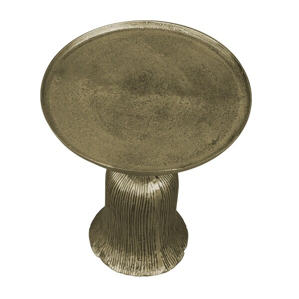 23 Inch Classic Vintage Accent Side Table, Round Tray Top, Aluminum, Pedestal Base, Ridges, Antique Brass