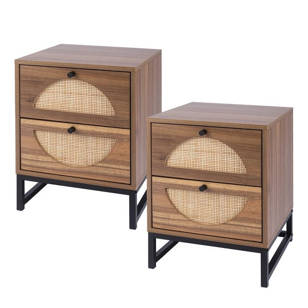 Rattan Nightstand Set of 2, Walnut End Table with 2 Natural Rattan Drawer and Metal Legs