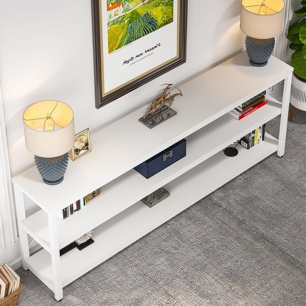 Brown Industrial Extra Long Console Sofa Table,White/ Gold 3 Tiers TV Stand