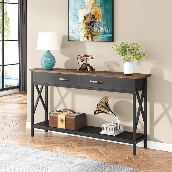 70.9 Inch Extra Long Console Table Sofa Table with Drawers,Walnut/White