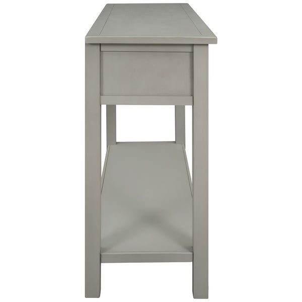 Classic Wooden Console Table with 2 Top Drawers and Open Storage Shelf, Sofa Table with Hollow-out Decoration, Silver