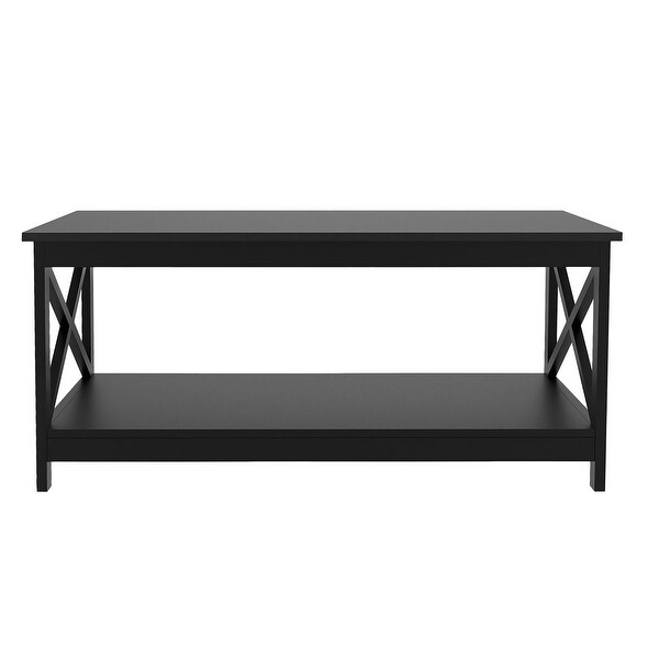 Coffee Table 39.56 in. L, X leg End Table with Bottom Shelf, Black