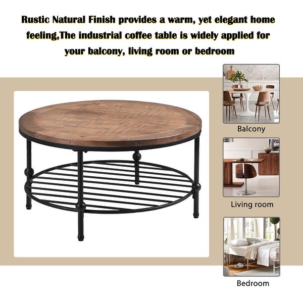 Round Console Table with a Storage Shelf and Solid Iron Support Base, Classic Rustic Coffee Table for Living Room, Easy Assembly