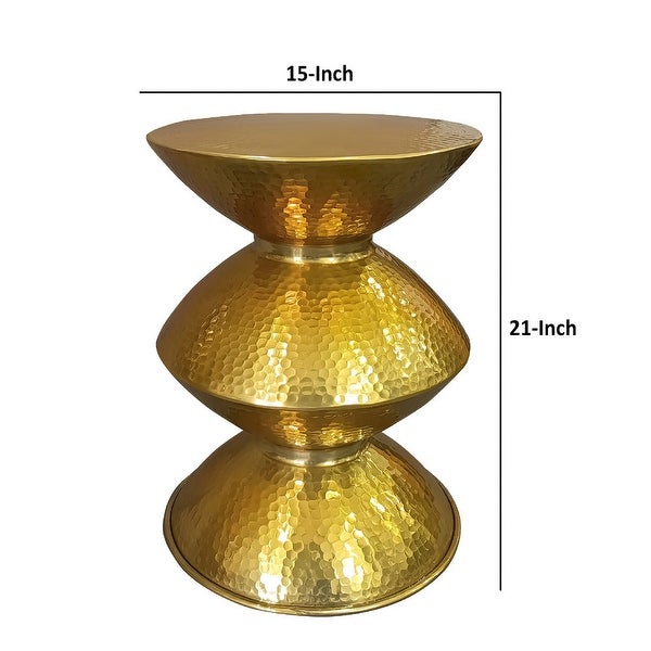 21 Inch Round Aluminum Side End Table, Hammered Embossed Metal Surface, Turned Pedestal Base, Gold - 14.5 L x 14.5 W x 20.5 H