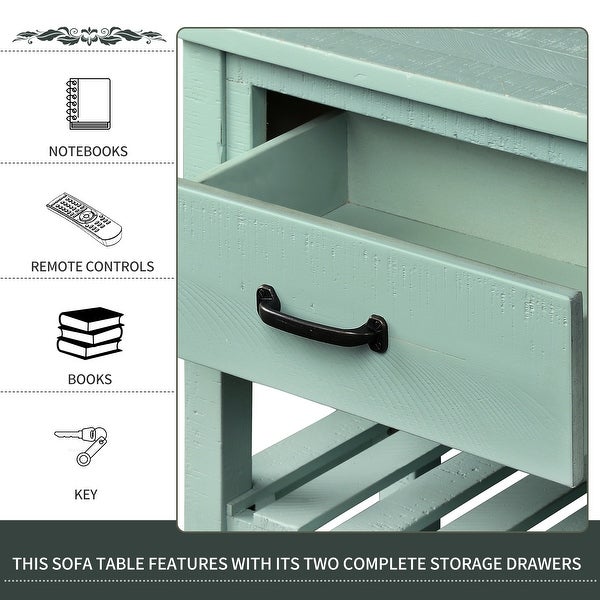 Retro Console Table for Entryway with Drawers and Shelf, Antique Blue