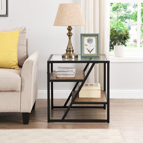 Side Table, End Table with Storage Shelf, Tempered Glass Coffee Table with Metal Frame