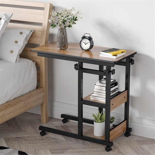 Height Adjustable C Table, Sofa Side Tables, Mobile End Table with Storage Shelves
