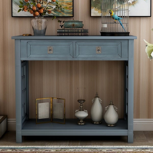 Global Pronex Console Table with 2 Drawers and Bottom Shelf, Entryway Accent Sofa Table (Antique Navy)