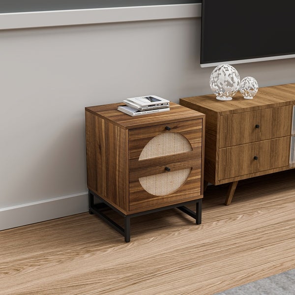 Rattan Nightstand Set of 2, Walnut End Table with 2 Natural Rattan Drawer and Metal Legs