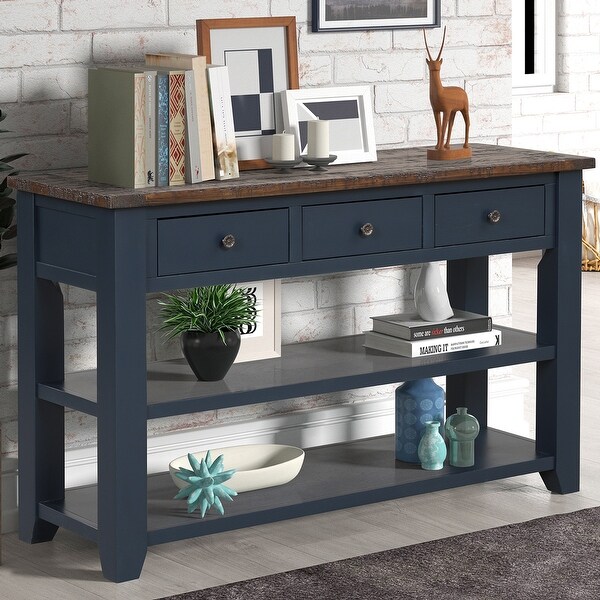 48'' Solid Pine Wood Top Console Table, Modern Entryway Sofa Side Table with 3 Storage Drawers and 2 Shelves