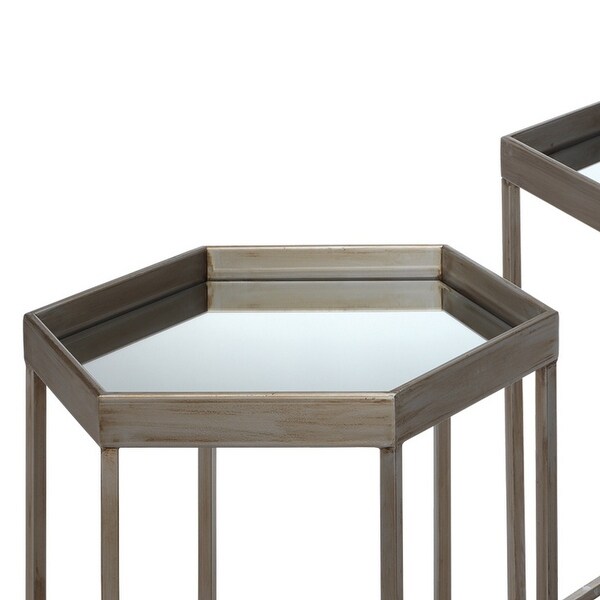 Side Table with Mirror Top and Metal Frame, Set of 2, Gray
