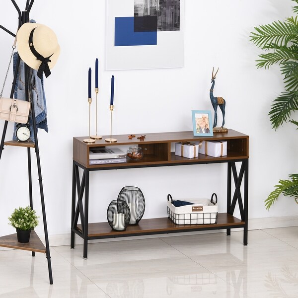 HOMCOM Industrial Style Entryway Console Table Desk with Shelf for Living Room, or Bedroom, Walnut Wood Grain