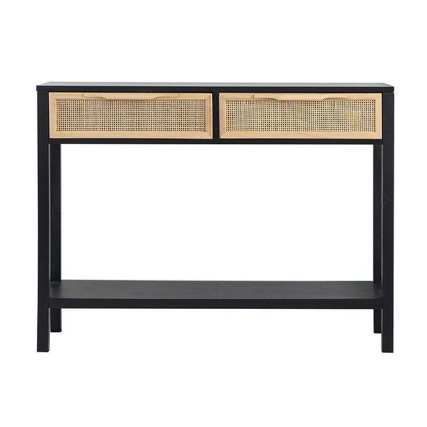 Dana 39 Inch Sofa Console Table, 2 Rattan Drawers, Black Finish, Brown