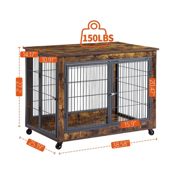 Industrial Wooden Iron Dog Crate, Dog Kennels with 3 Doors and Wheels, Pet Crate Side End Table for Medium and Small Dog