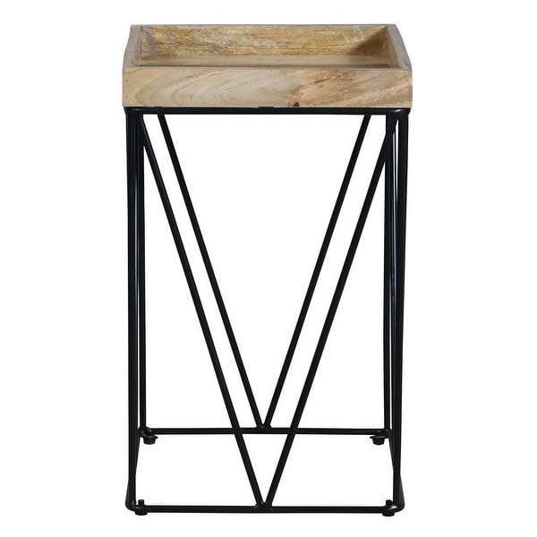 24 Inch Industrial End Side Table, Mango Wood Square Tray Top, V Shape Iron Accent, Brown, Black - 24