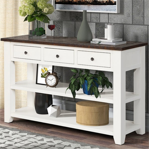 48'' Solid Pine Wood Top Console Table, Modern Entryway Sofa Side Table with 3 Storage Drawers and 2 Shelves. Easy to Assemble