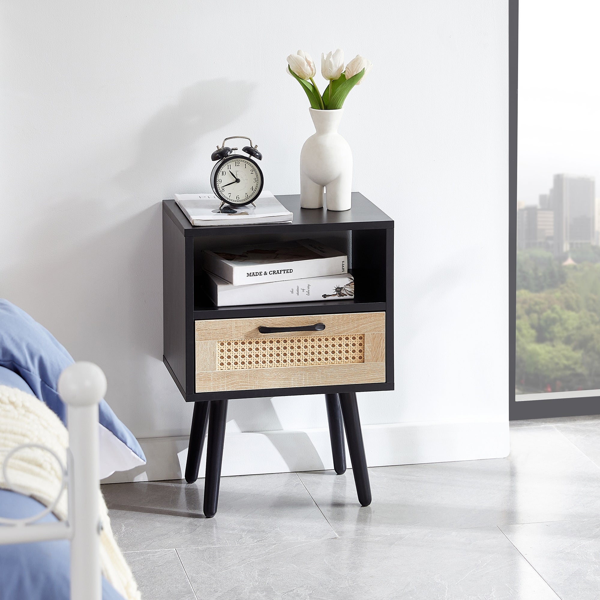 Modern Rattan Side table/Nightstand with 1 Shelf,1 drawer and 4 Solid Wood Legs