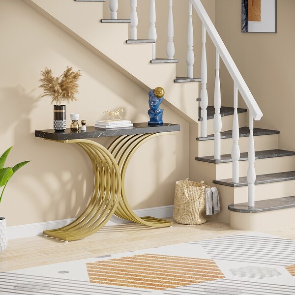 Gold Entryway Console Table with Metal Base, Modern foyer Entry tables, Narrow Sofa Accent Table with Marble Top