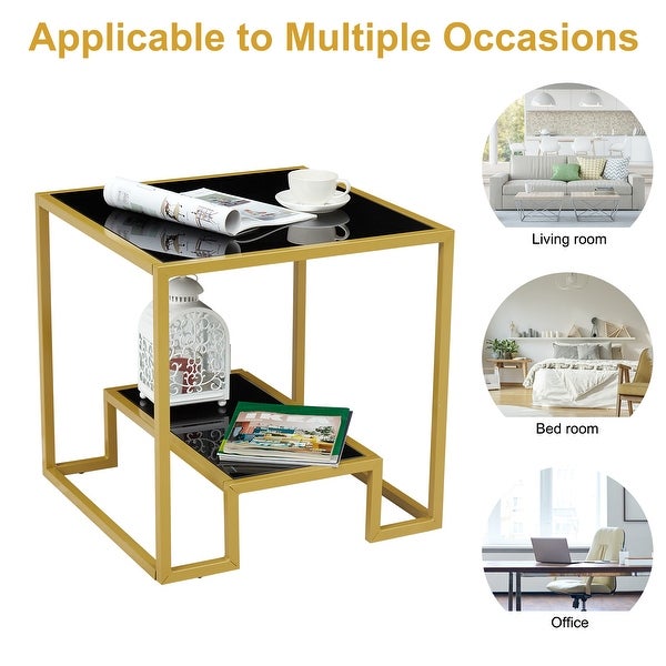 Kinbor Modern Glass End Table, Square Side Table w/ Open Storage Shelf, Tempered Glass Top, Small End Tables for Living Room