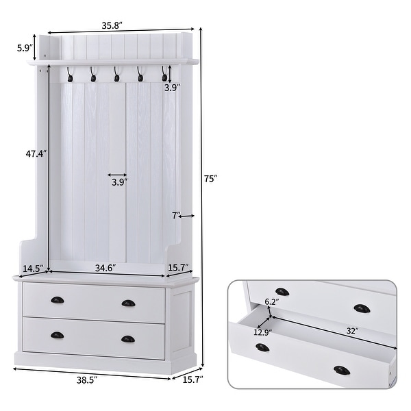 Hallway Coat Rack with Hooks and Drawers , Metal drawer Handles