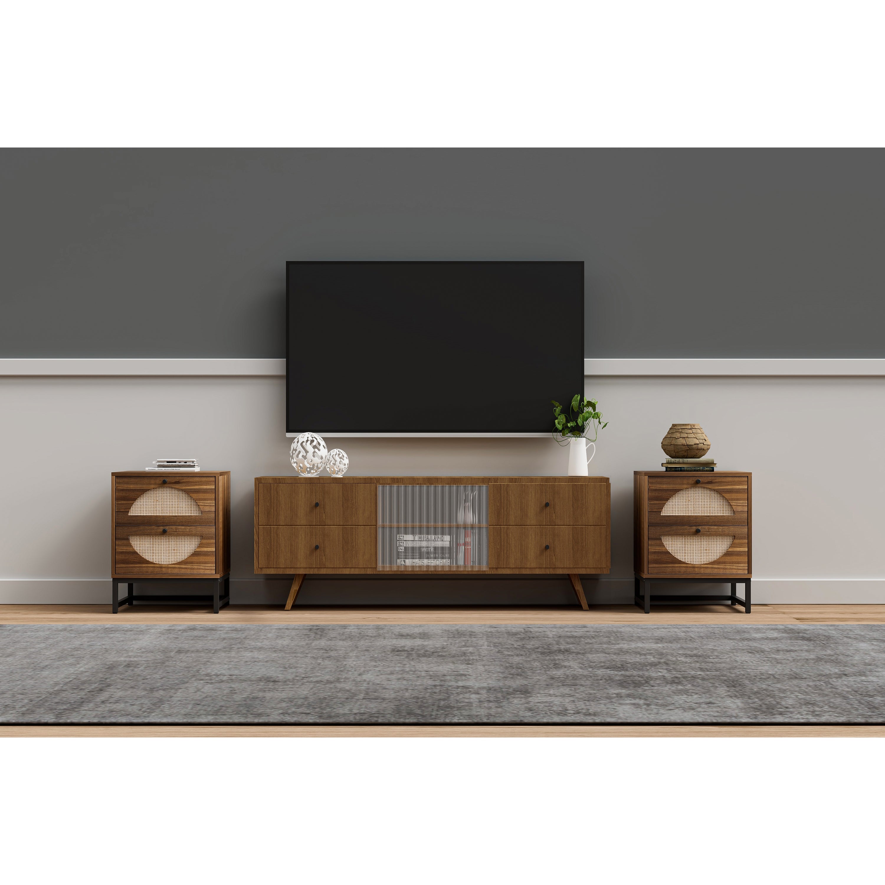 Rattan Nightstand Set of 2, Walnut End Table with 2 Natural Rattan Drawer and Metal Legs