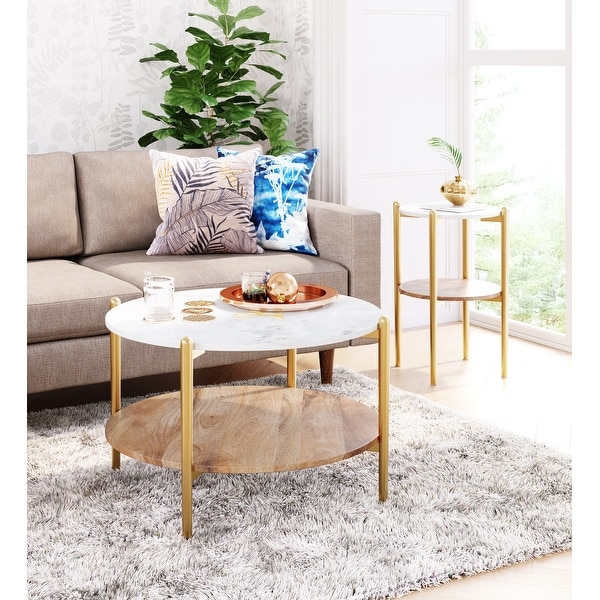 Mina Marble Side Table White and Gold - White, Brown, Gold - 18