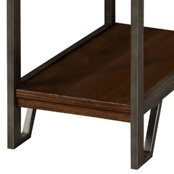Rectangular Wood and Metal Side Table with USB Outlet, Brown and Gray