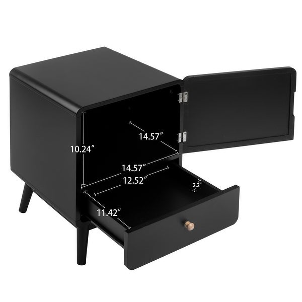 Black Nightstand, Bedside Table with Storage Drawe Rattan Door